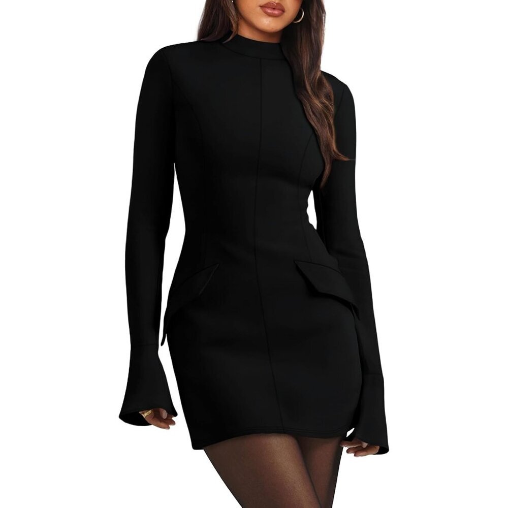 Women's Black Long Sleeve Mock Neck Dress Party Club Bodycon Mini Dresses